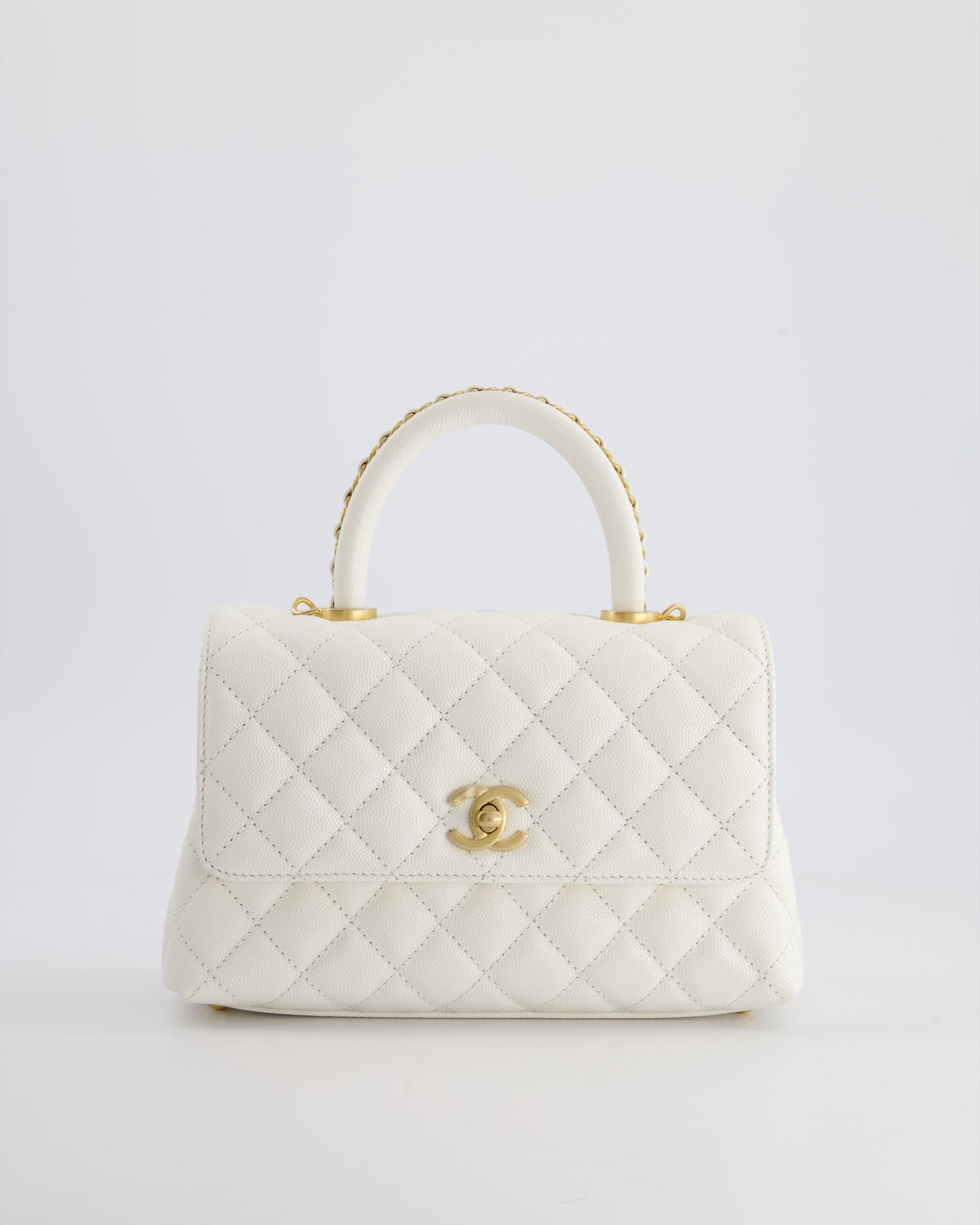 Chanel Small White Caviar Quilted Coco Flap Bag with Brushed Gold Hardware and Chain Detail Handle
