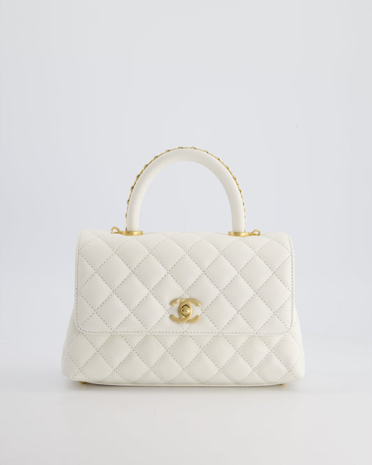 Chanel Small White Caviar Quilted Coco Flap Bag with Brushed Gold Hardware and Chain Detail Handle
