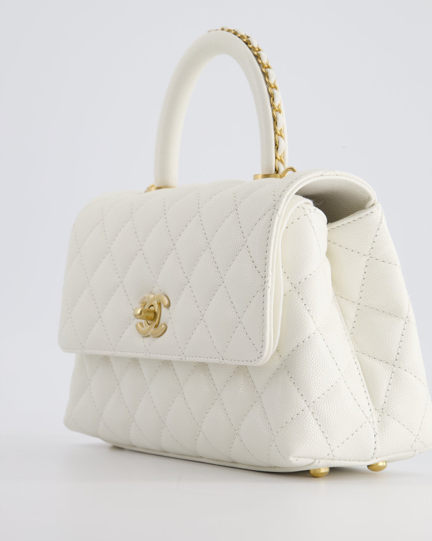 Chanel Small White Caviar Quilted Coco Flap Bag with Brushed Gold Hardware and Chain Detail Handle