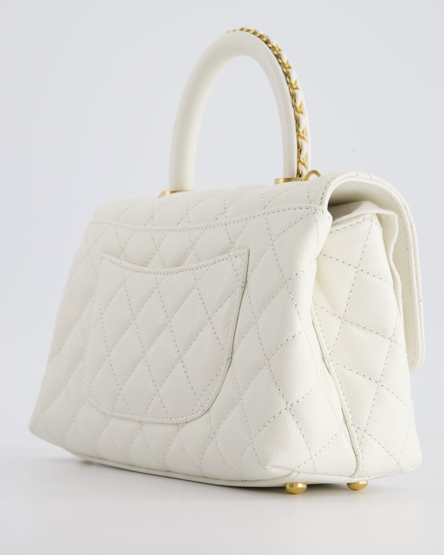 Chanel Small White Caviar Quilted Coco Flap Bag with Brushed Gold Hardware and Chain Detail Handle