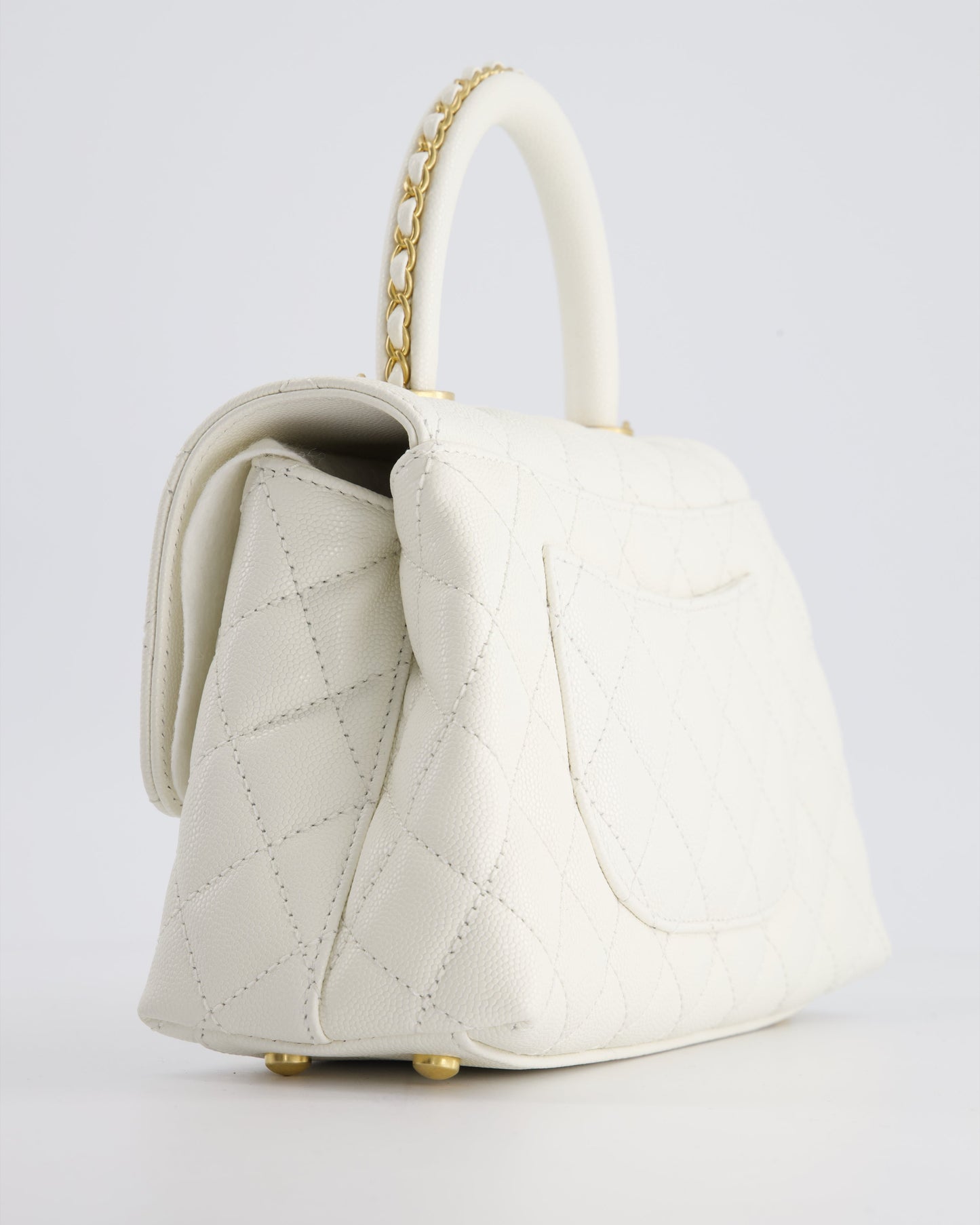 Chanel Small White Caviar Quilted Coco Flap Bag with Brushed Gold Hardware and Chain Detail Handle