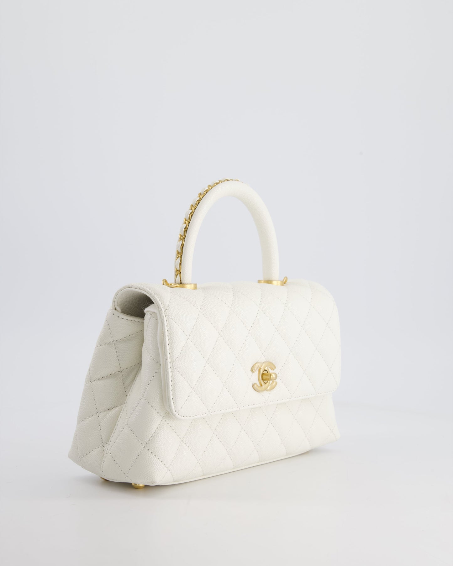 Chanel Small White Caviar Quilted Coco Flap Bag with Brushed Gold Hardware and Chain Detail Handle