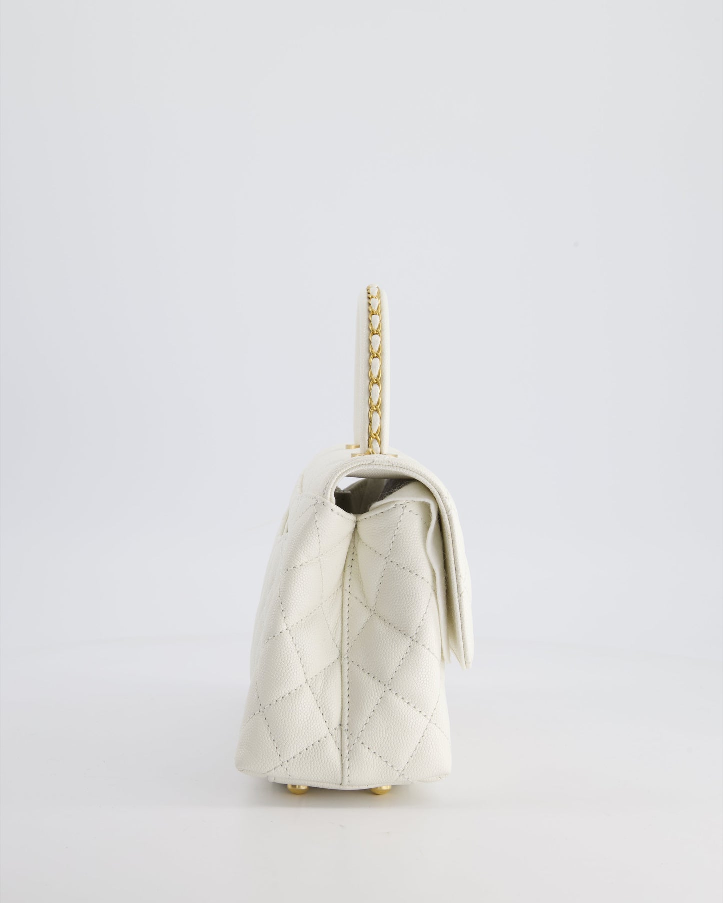 Chanel Small White Caviar Quilted Coco Flap Bag with Brushed Gold Hardware and Chain Detail Handle