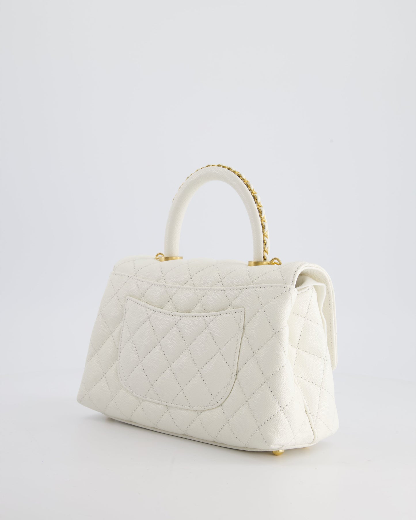 Chanel Small White Caviar Quilted Coco Flap Bag with Brushed Gold Hardware and Chain Detail Handle