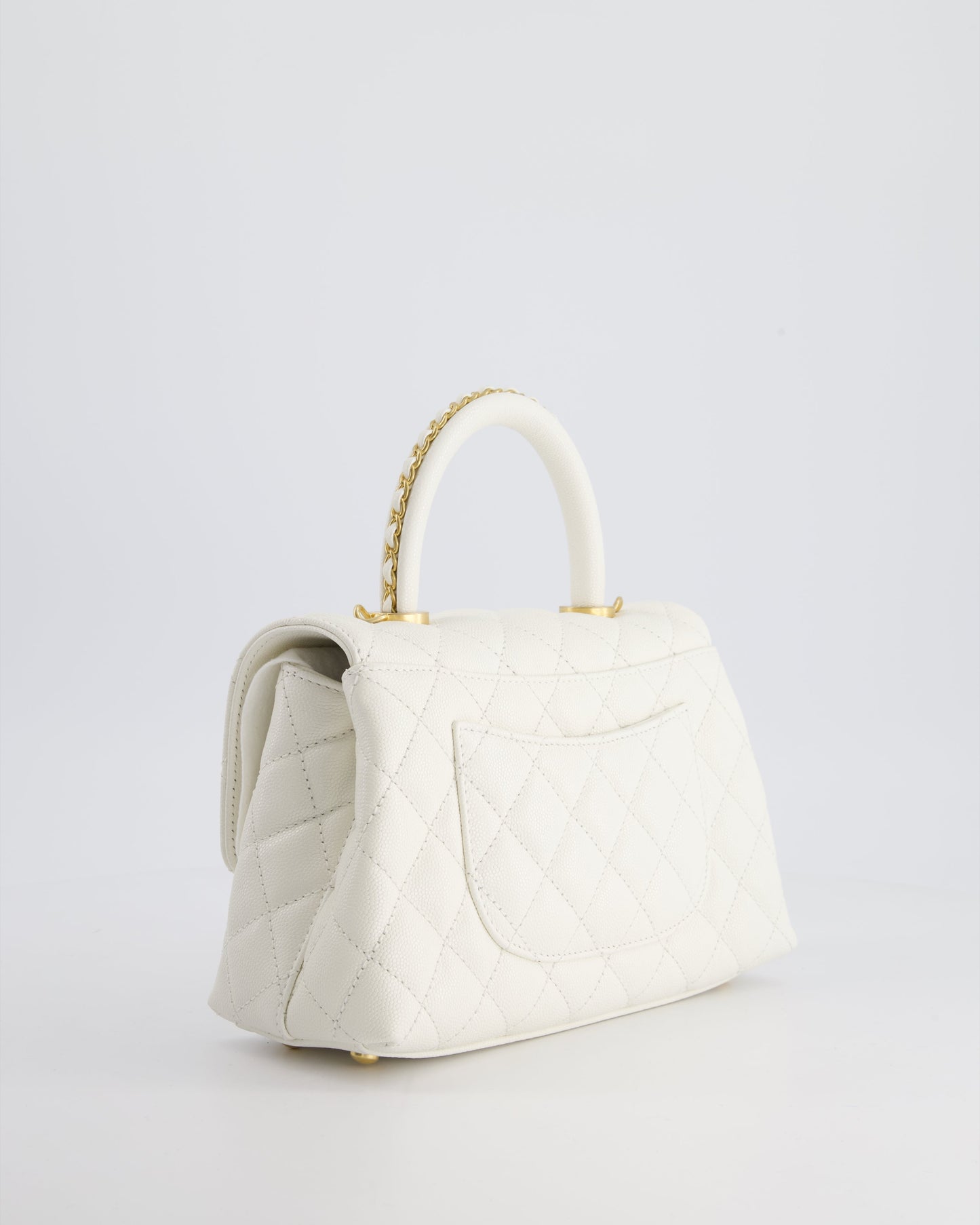 Chanel Small White Caviar Quilted Coco Flap Bag with Brushed Gold Hardware and Chain Detail Handle