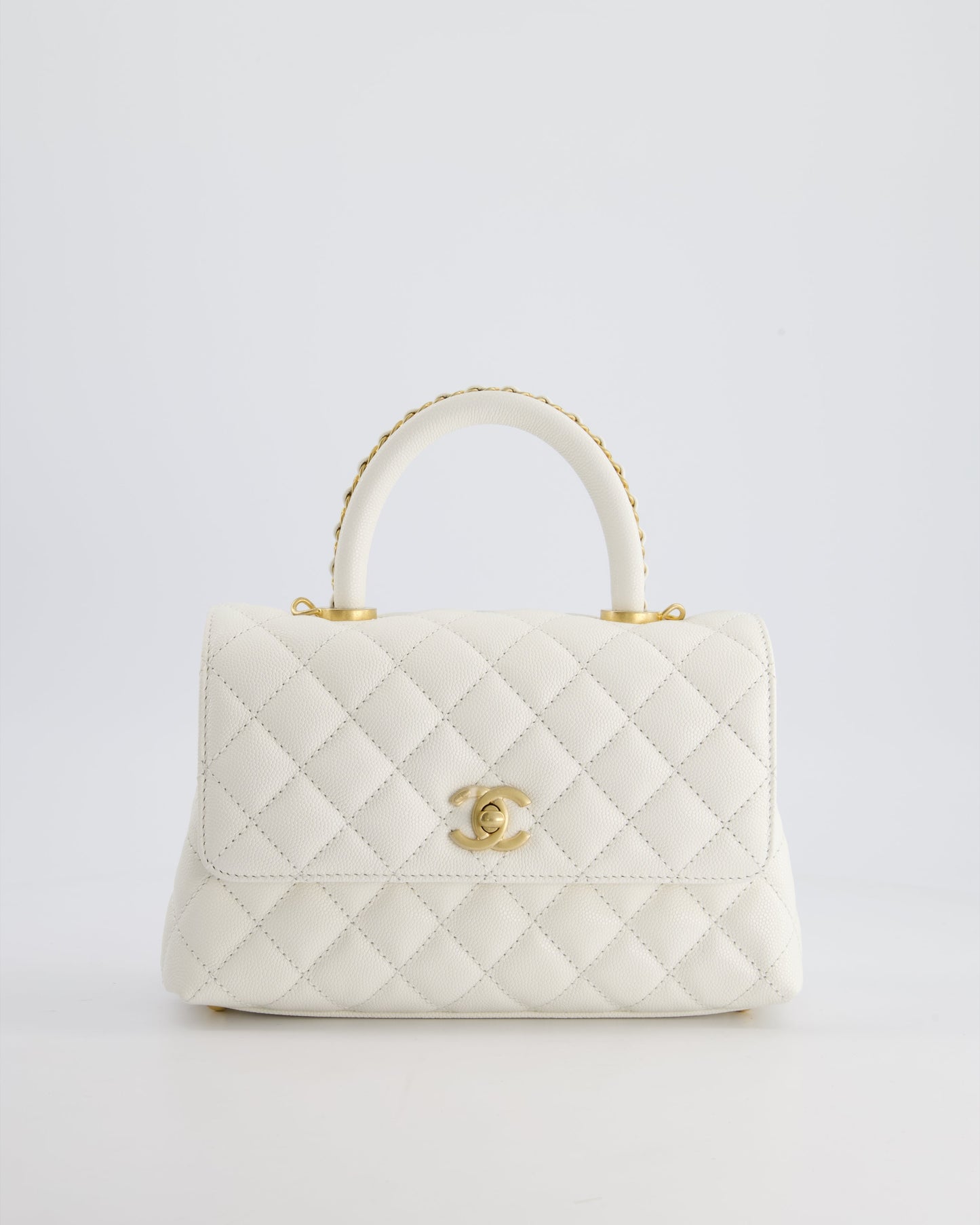 Chanel Small White Caviar Quilted Coco Flap Bag with Brushed Gold Hardware and Chain Detail Handle