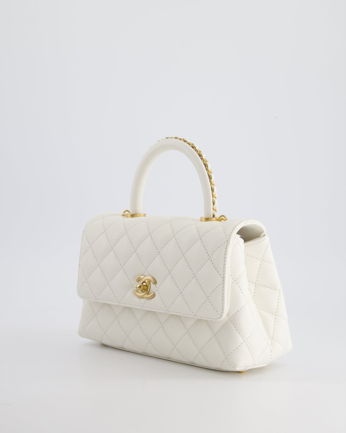 Chanel Small White Caviar Quilted Coco Flap Bag with Brushed Gold Hardware and Chain Detail Handle