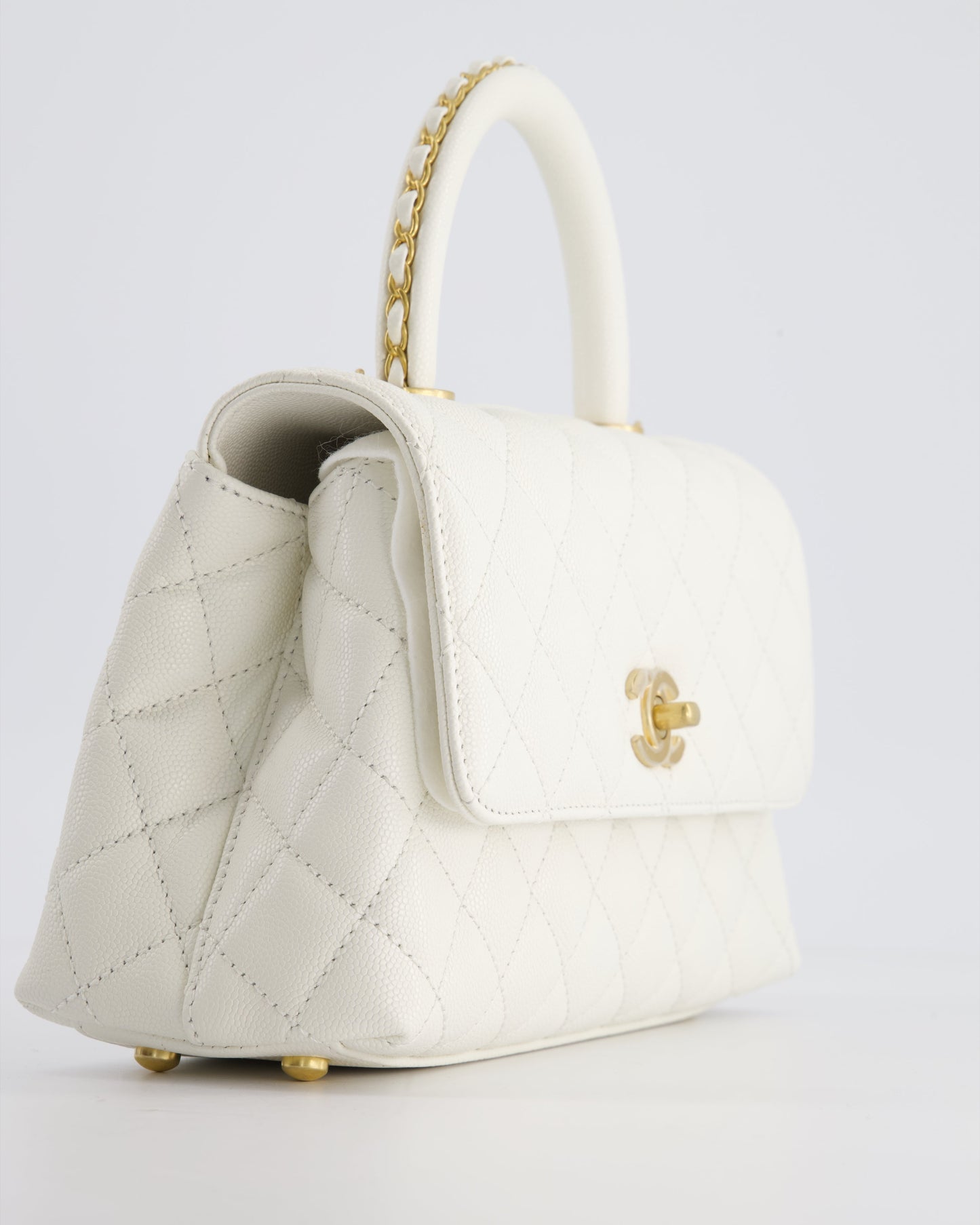 Chanel Small White Caviar Quilted Coco Flap Bag with Brushed Gold Hardware and Chain Detail Handle