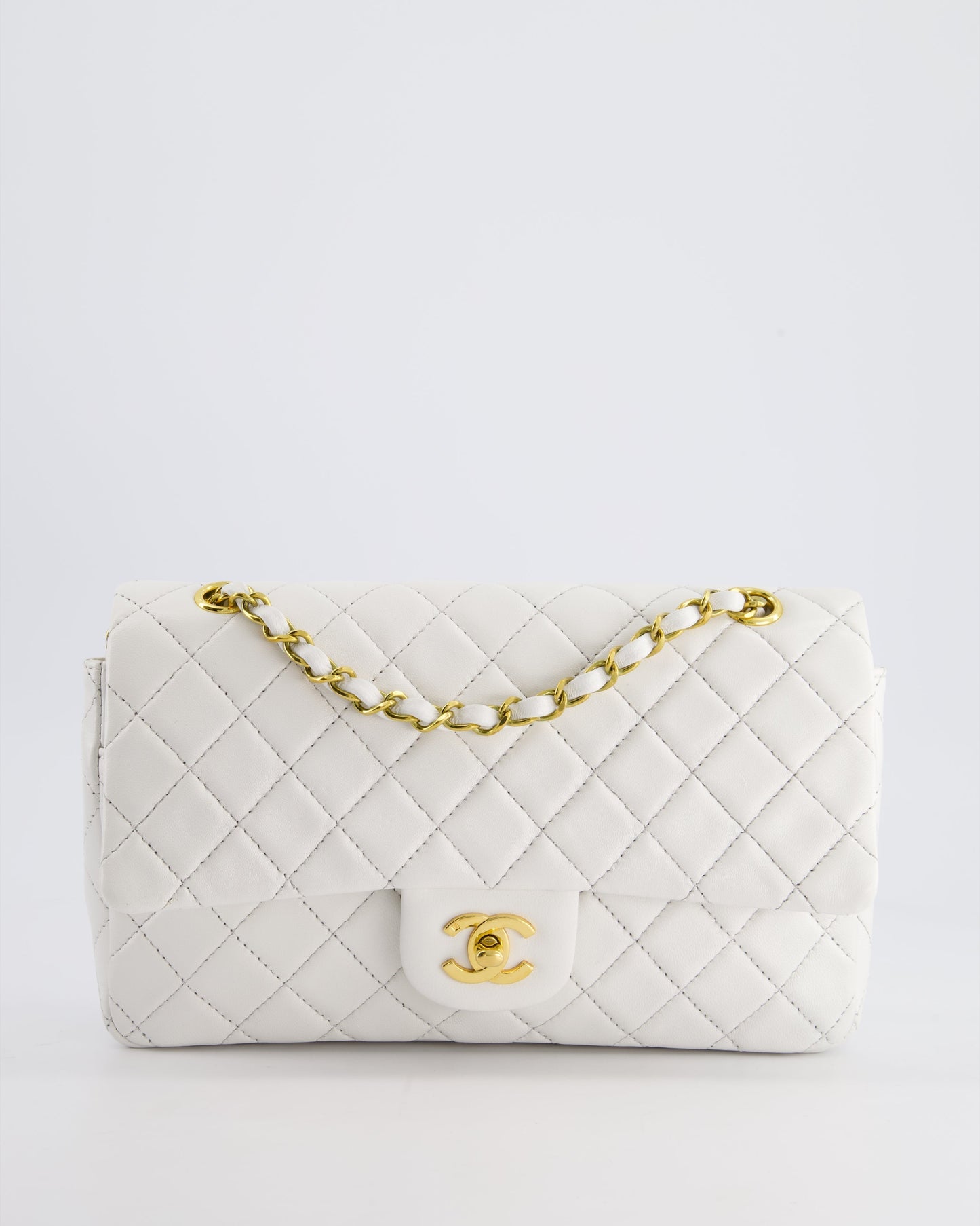 Chanel White   Classic Double Flap Bag in Lambskin Leather with 24K Gold Hardware