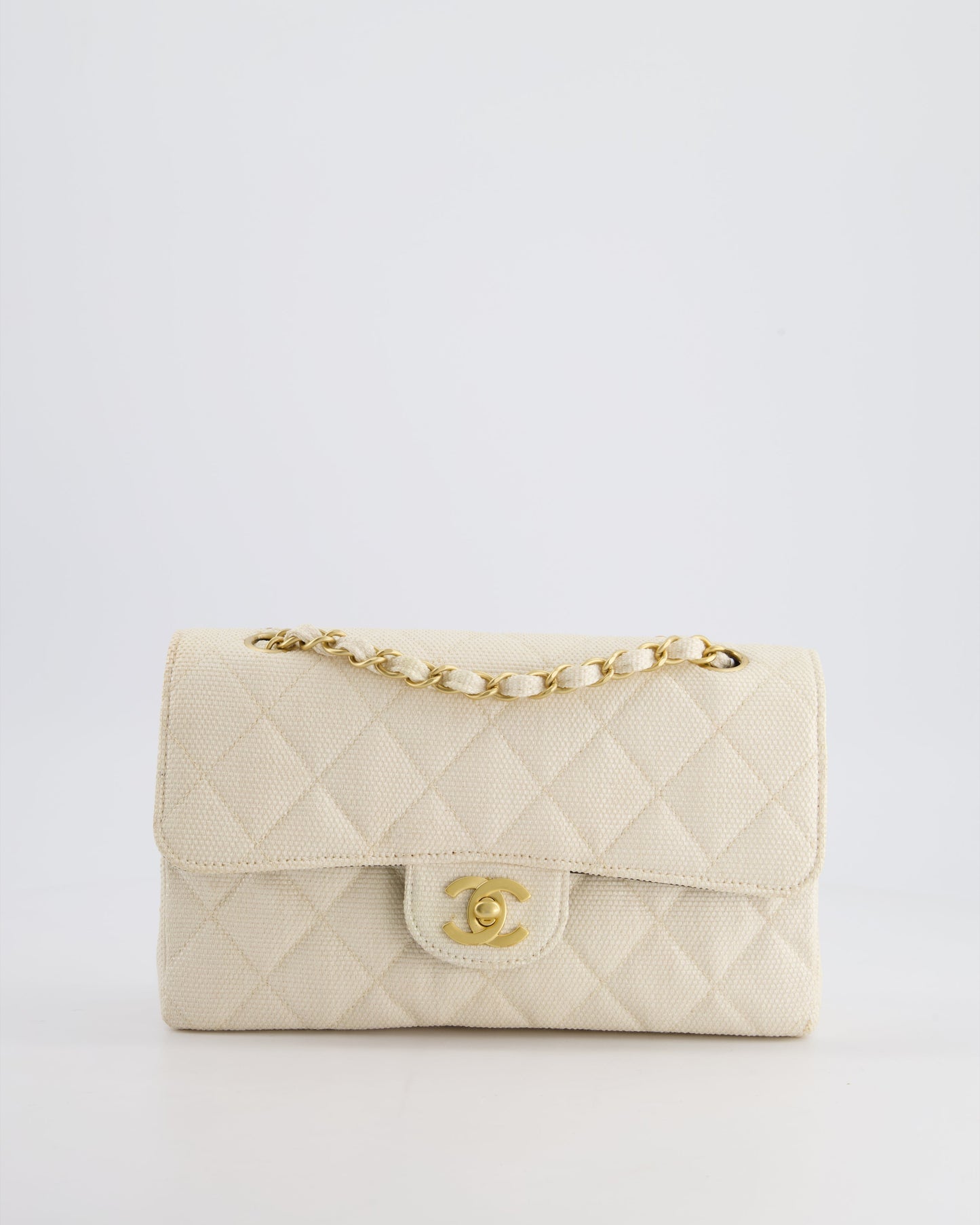 Chanel   Beige Raffia Small Classic Double Flap Bag with Chocolate Brown Lambskin Interior and Brushed Gold Hardware