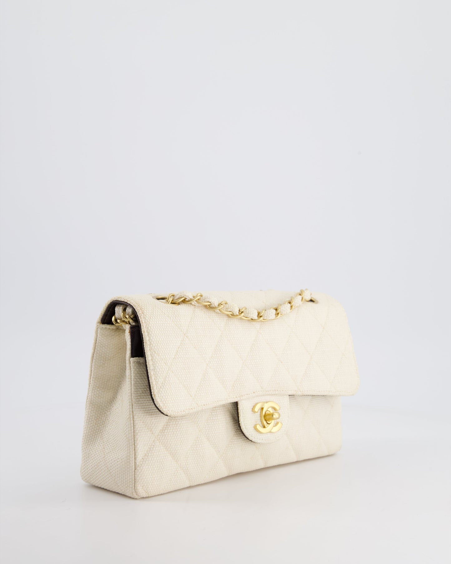 Chanel   Beige Raffia Small Classic Double Flap Bag with Chocolate Brown Lambskin Interior and Brushed Gold Hardware