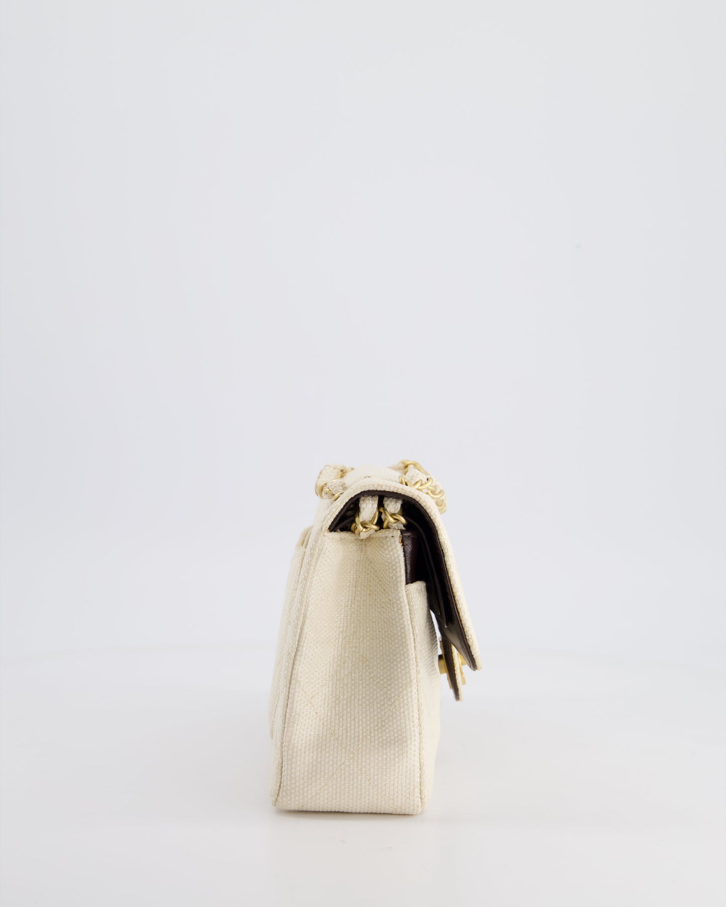 Chanel   Beige Raffia Small Classic Double Flap Bag with Chocolate Brown Lambskin Interior and Brushed Gold Hardware
