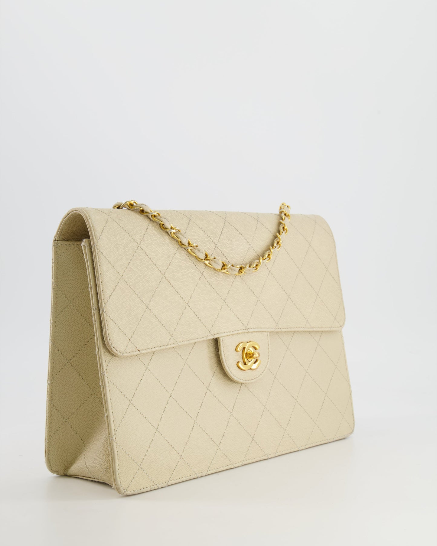 Chanel   Beige Large Single Flap Bag in Caviar Leather with 24k Gold Hardware