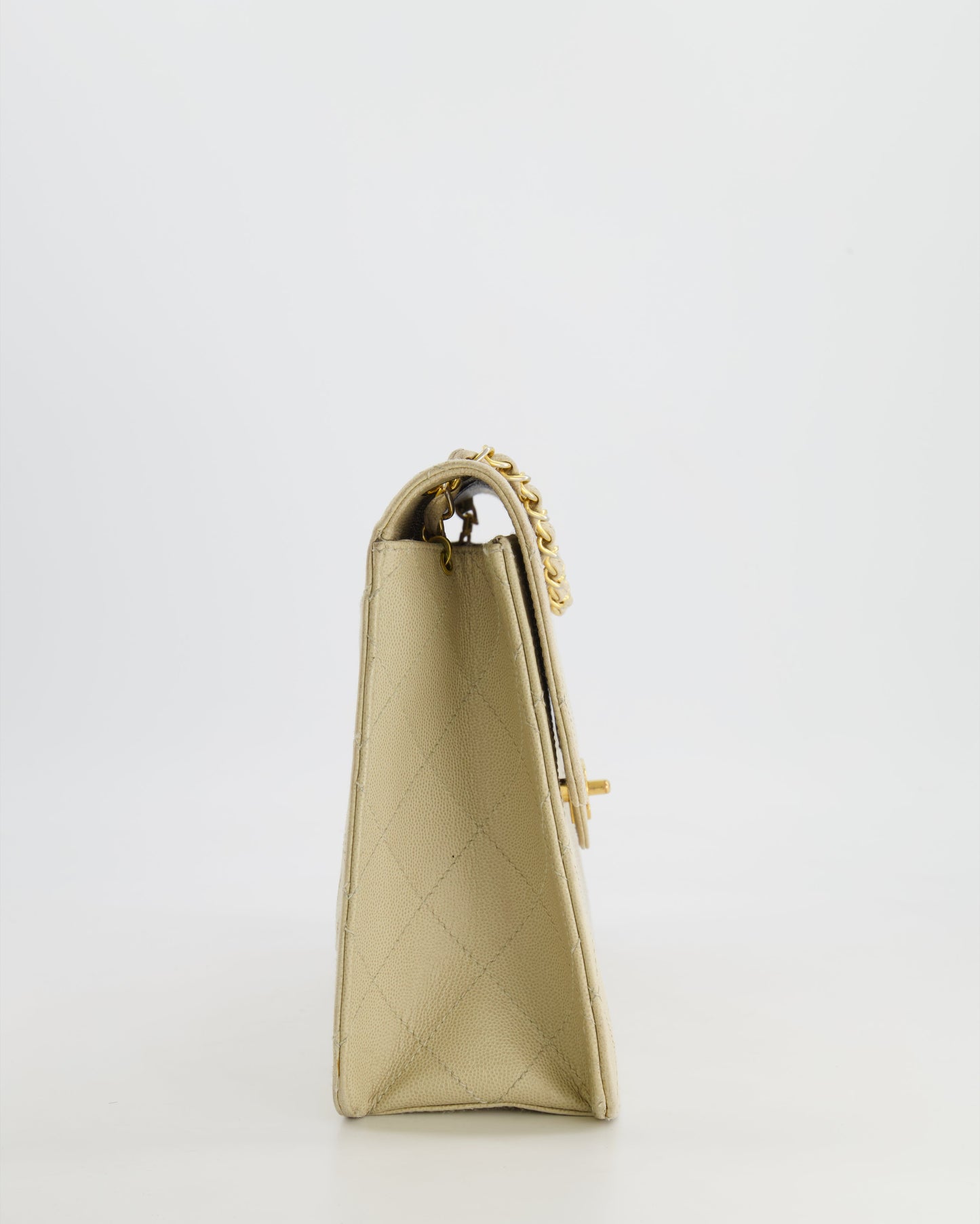 Chanel   Beige Large Single Flap Bag in Caviar Leather with 24k Gold Hardware