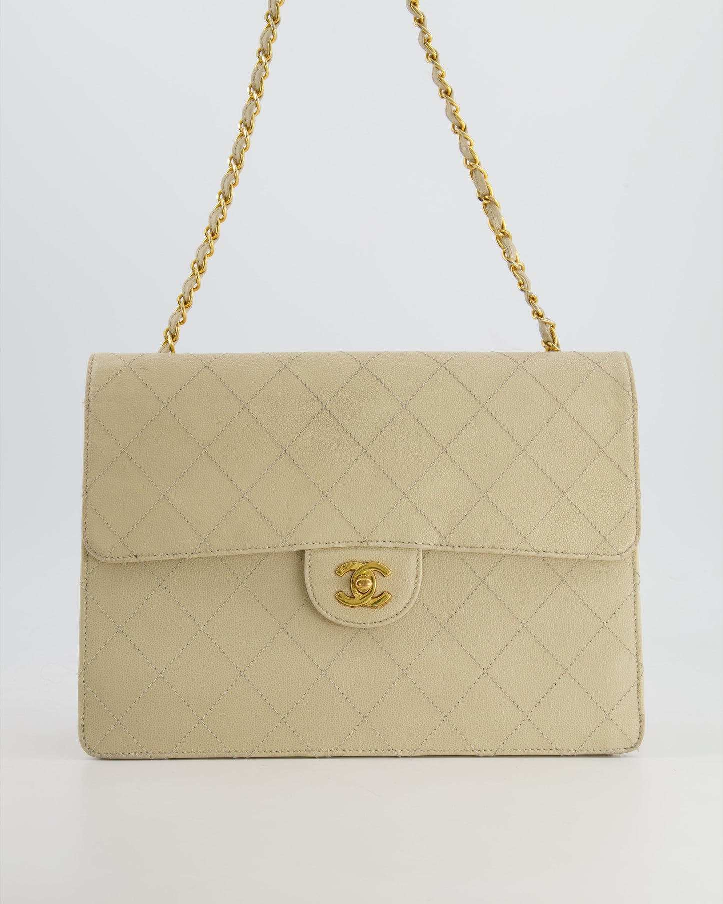Chanel   Beige Large Single Flap Bag in Caviar Leather with 24k Gold Hardware