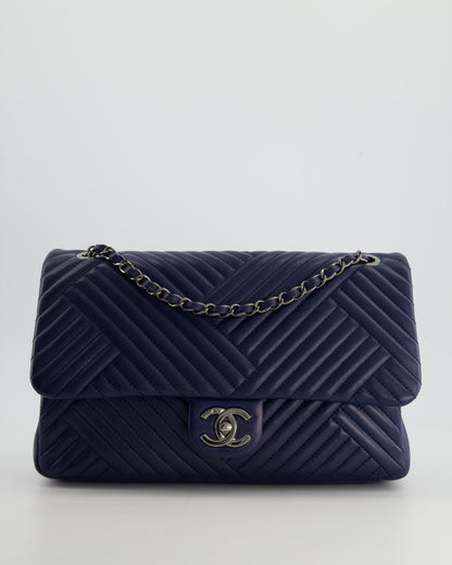Chanel Navy Jumbo Chevron Quilted Flap Bag in Lambskin Leather with Gun Metal Silver Hardware
