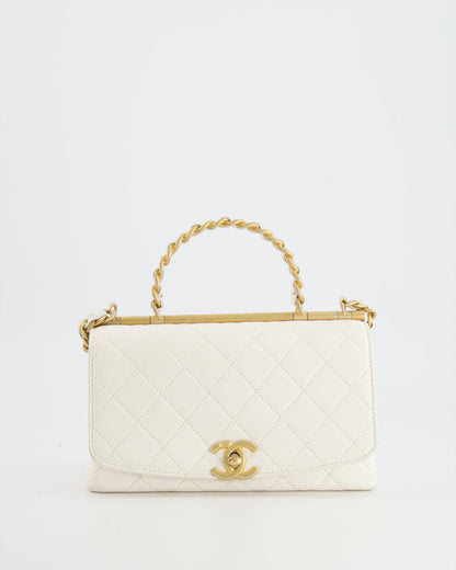 Chanel White Lambskin Leather Small Flap Bag with Brushed Gold Chain Top Handle