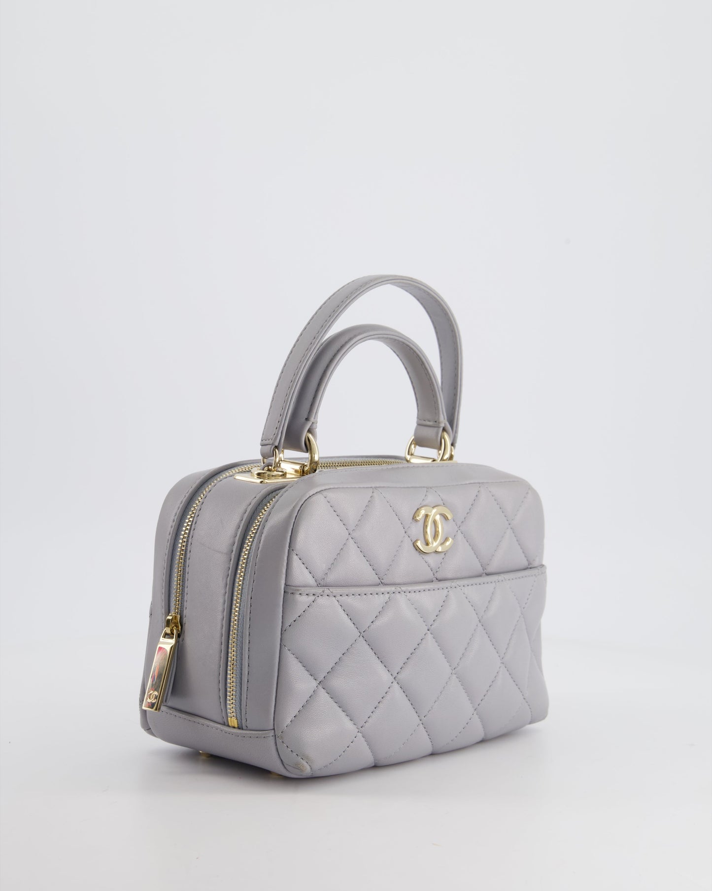 Chanel Dove Grey Trendy Vanity Case Top Handle Bag in Lambskin Leather with Champagne Gold Hardware