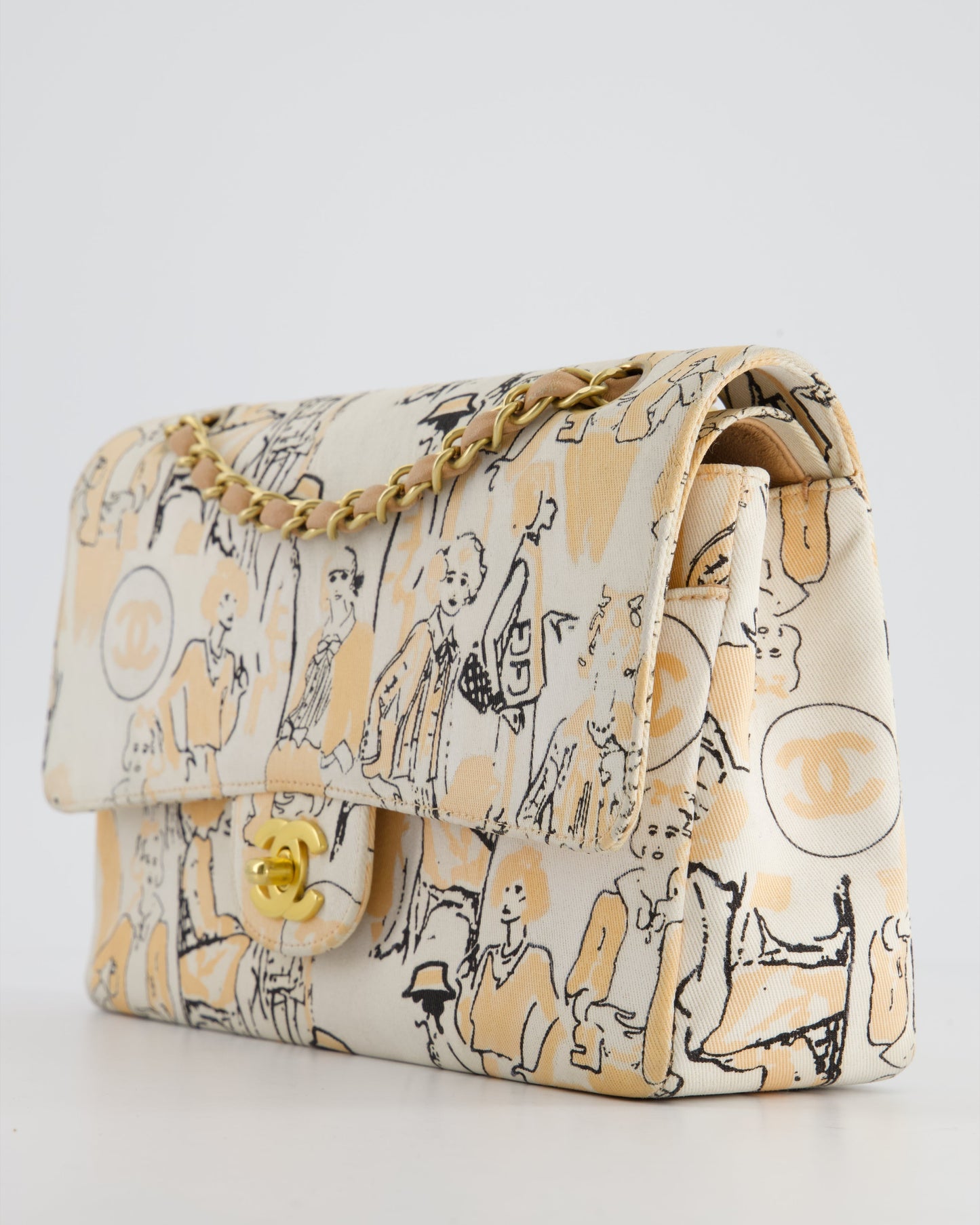 Chanel Peach and White   Coco Print Classic Medium Double Flap Bag in Fabric with Brushed Gold Hardware