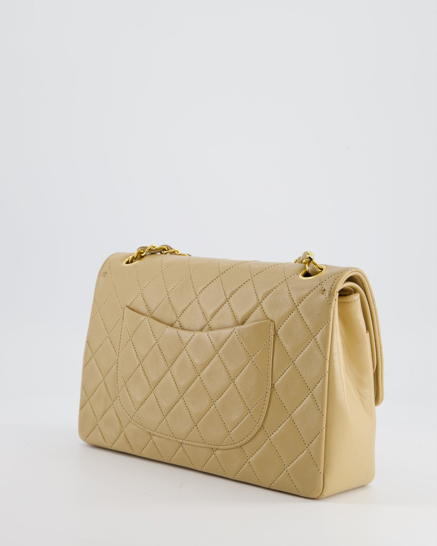 Chanel Beige   Classic Medium Double Flap Bag in Lambskin Leather with 24K Gold Hardware and Stitched Edge