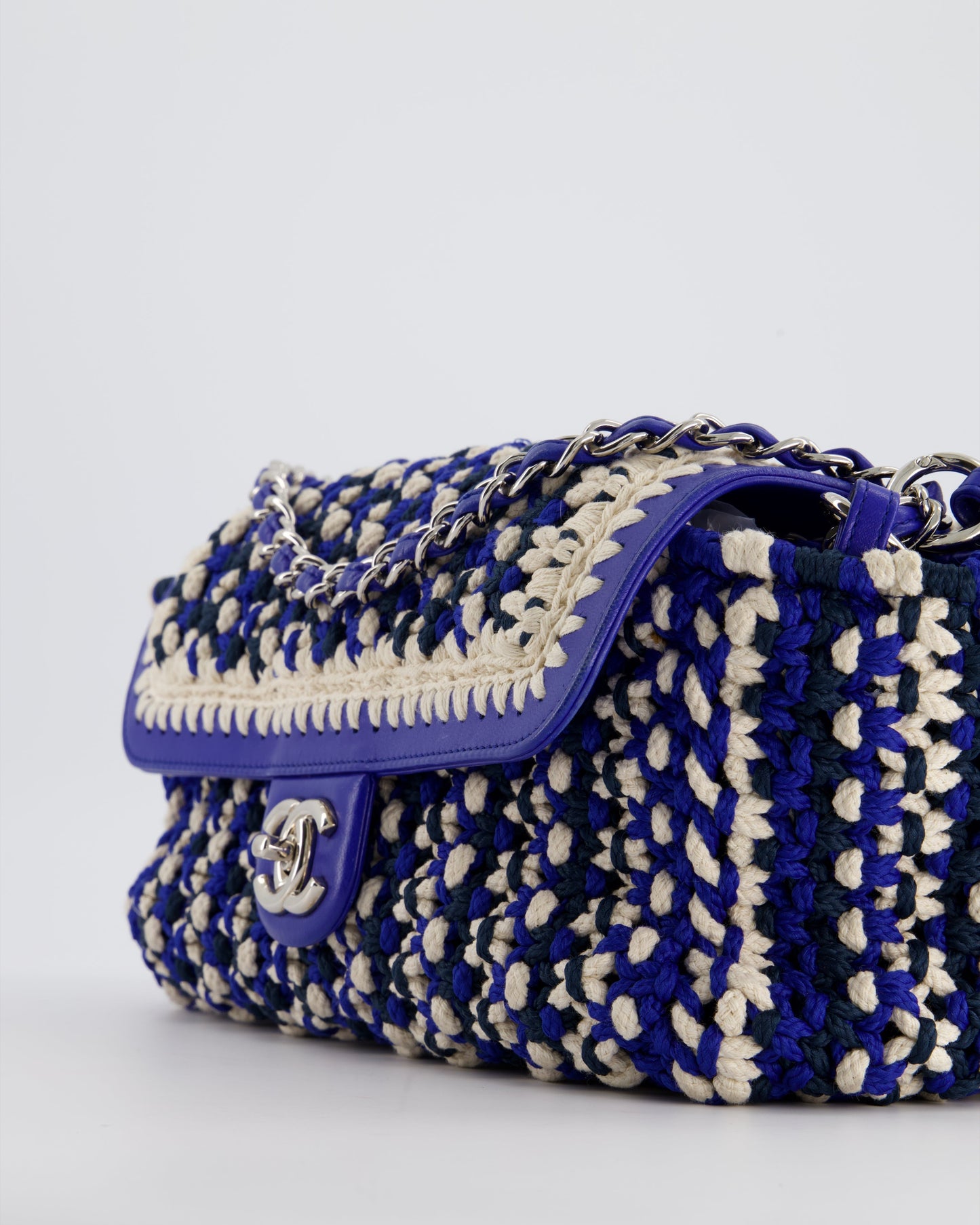 Chanel Navy, Blue and Cream Crochet Flap Bag with Silver Hardware