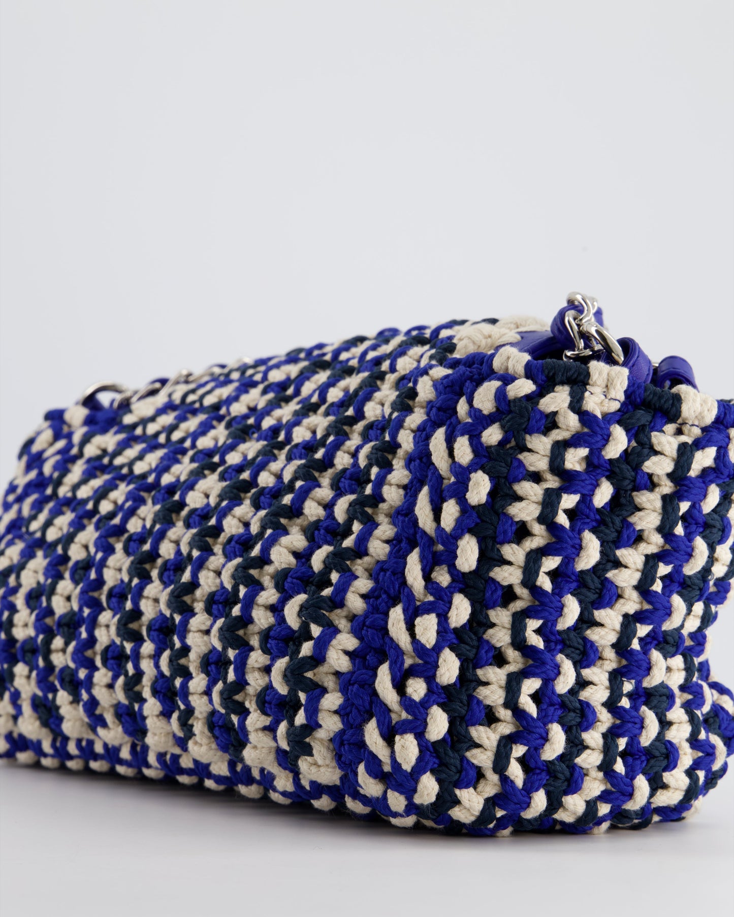 Chanel Navy, Blue and Cream Crochet Flap Bag with Silver Hardware