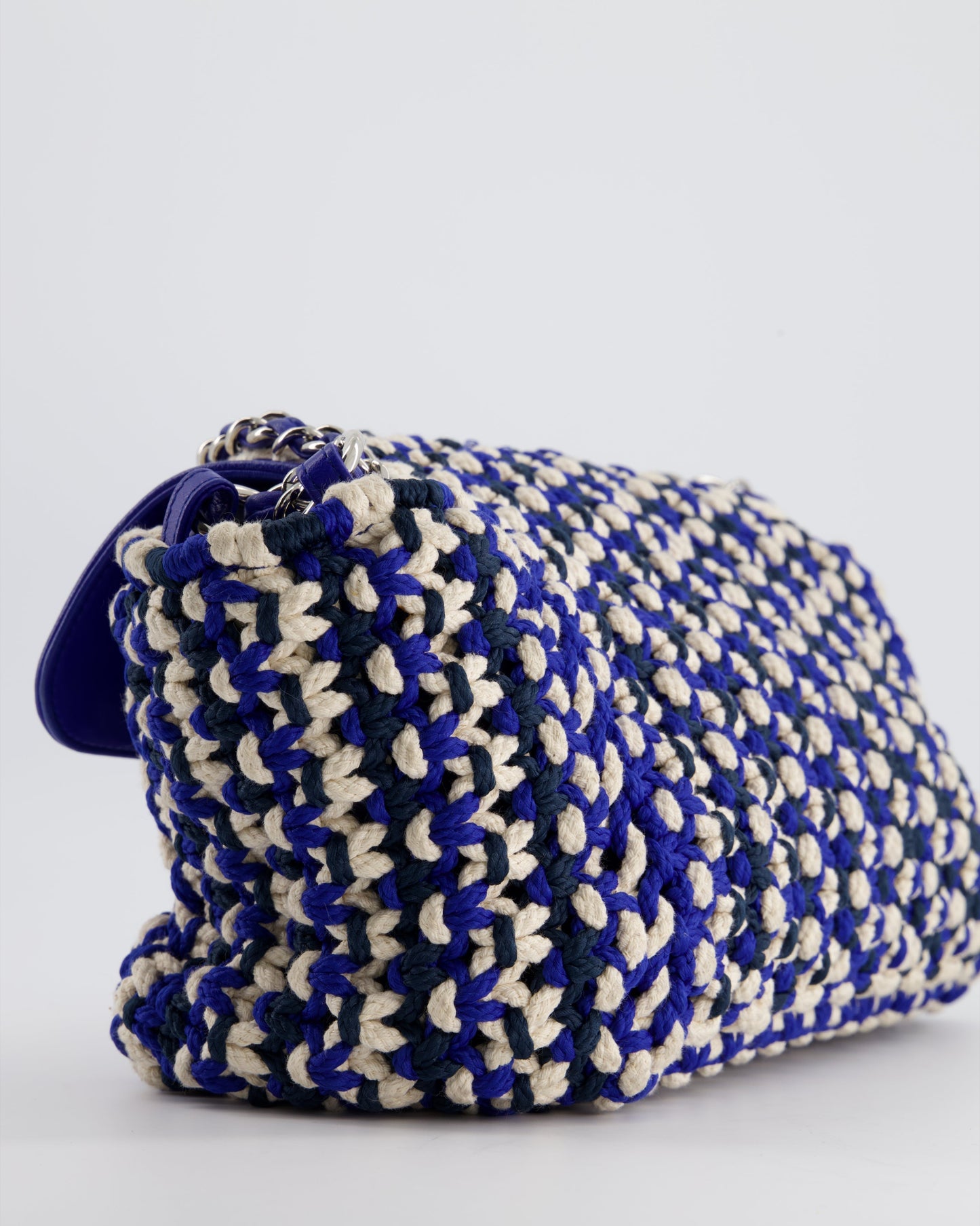 Chanel Navy, Blue and Cream Crochet Flap Bag with Silver Hardware