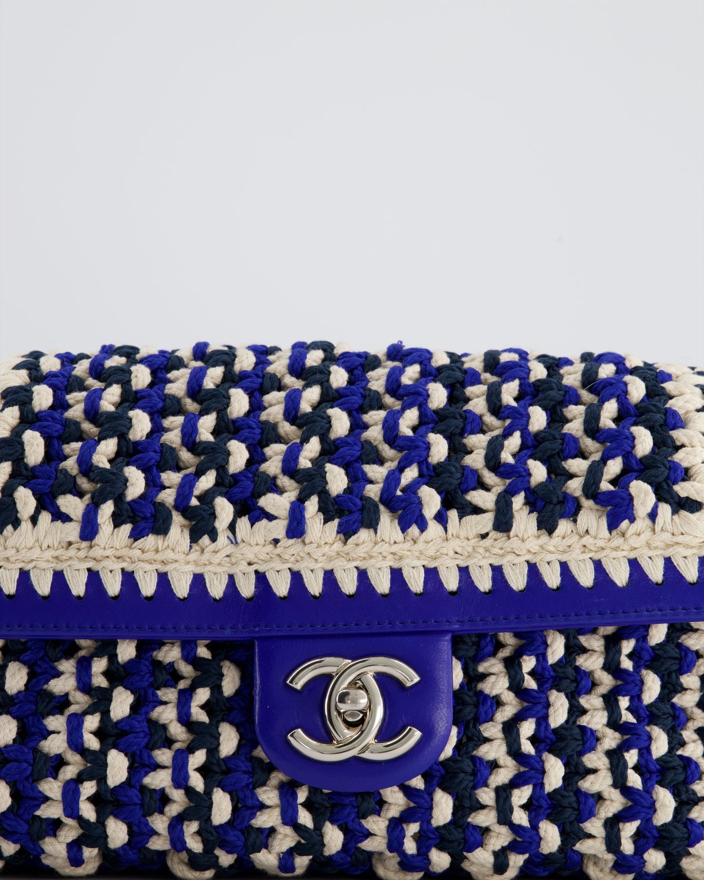 Chanel Navy, Blue and Cream Crochet Flap Bag with Silver Hardware