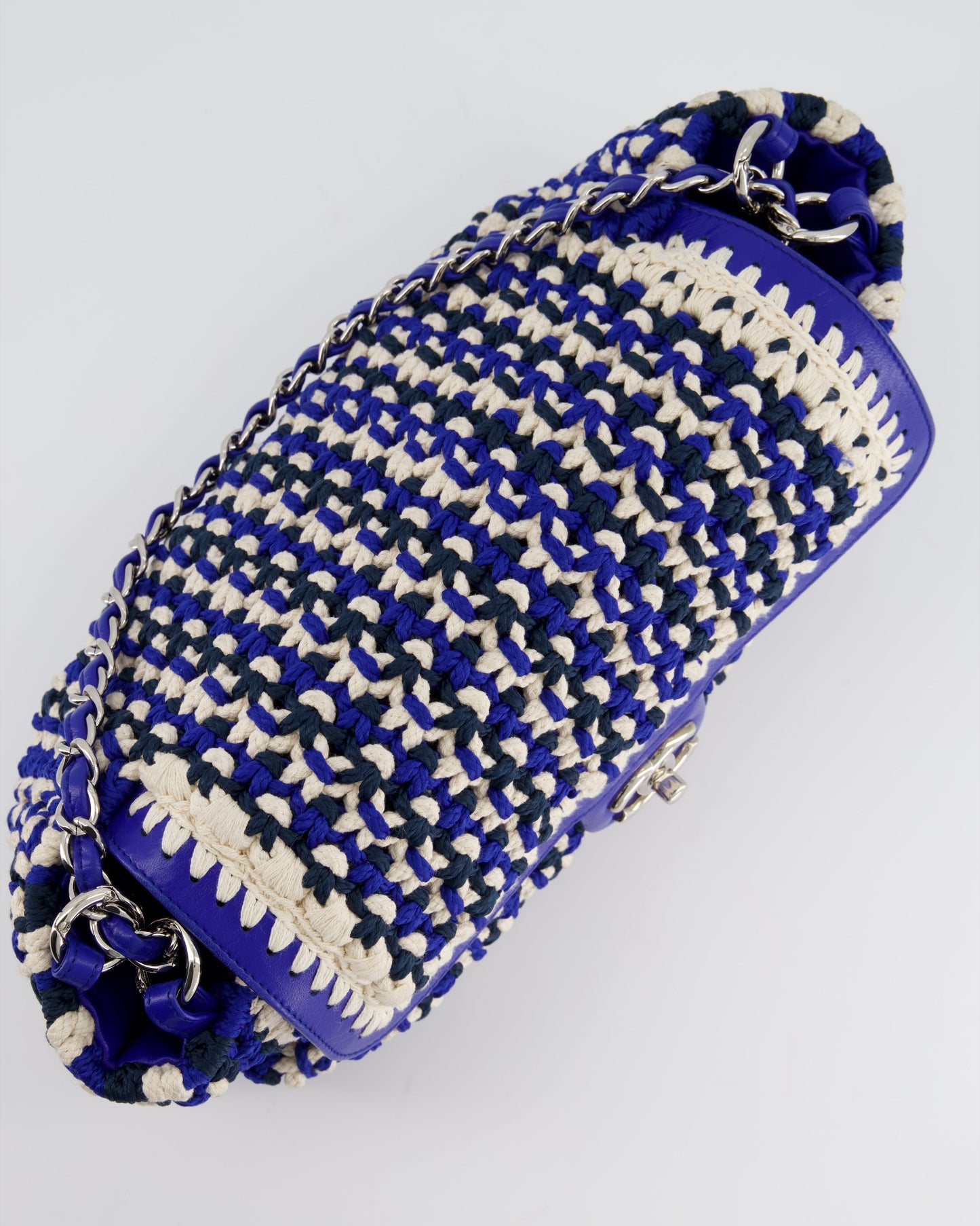 Chanel Navy, Blue and Cream Crochet Flap Bag with Silver Hardware