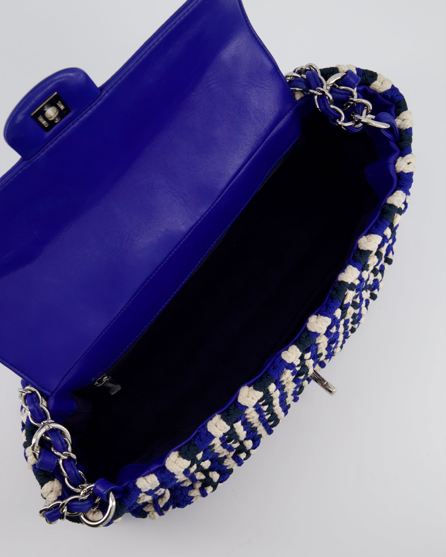 Chanel Navy, Blue and Cream Crochet Flap Bag with Silver Hardware