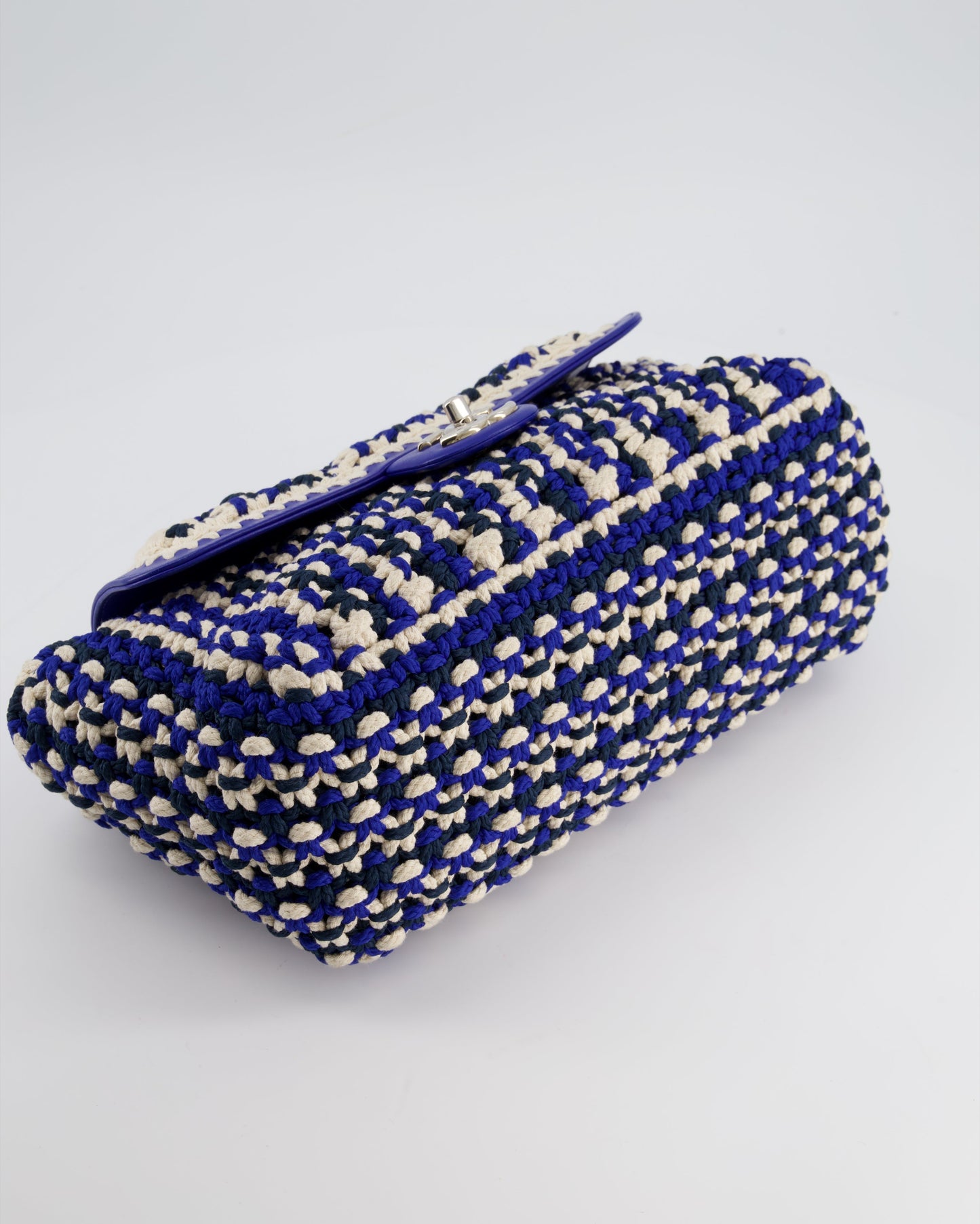 Chanel Navy, Blue and Cream Crochet Flap Bag with Silver Hardware