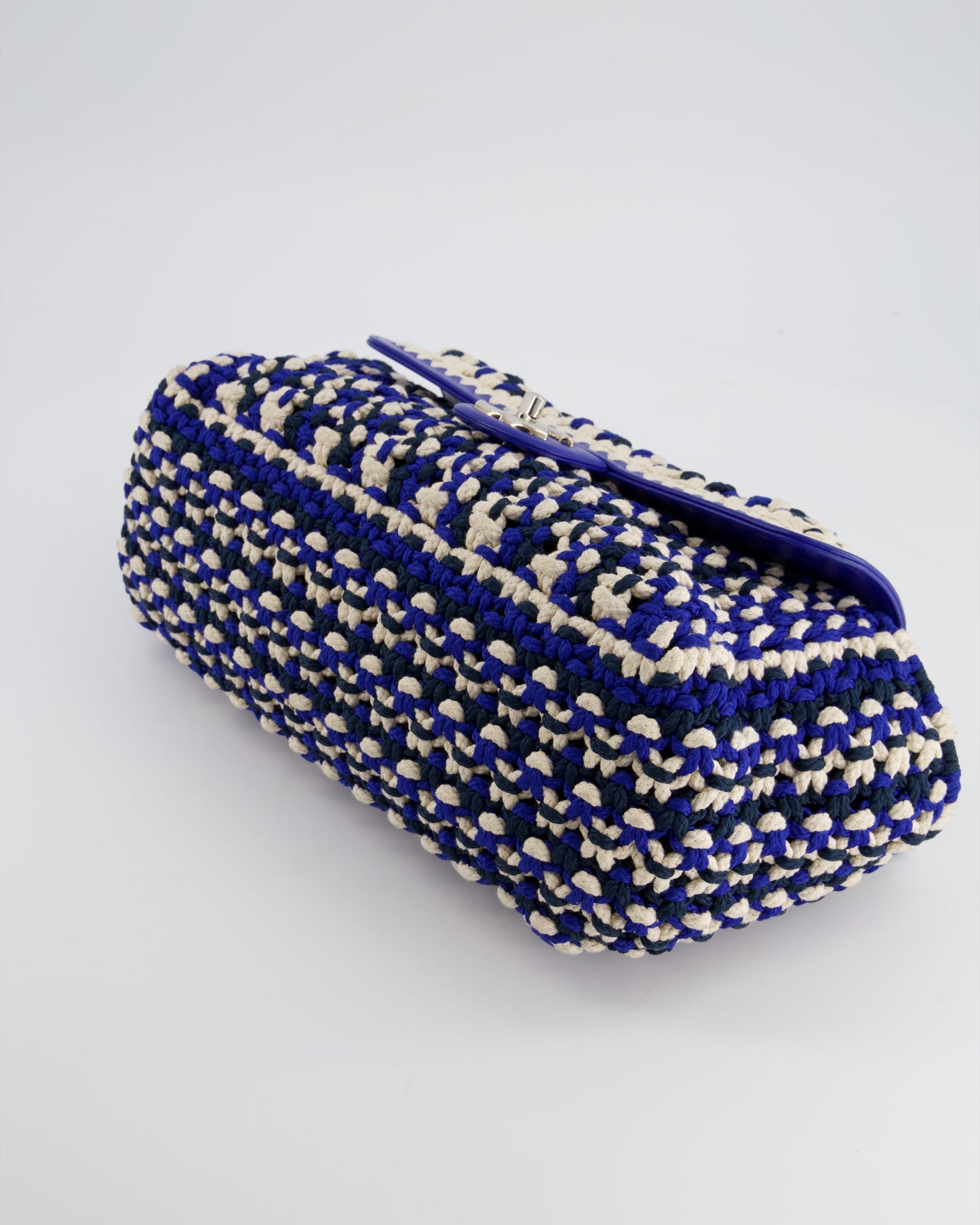 Chanel Navy, Blue and Cream Crochet Flap Bag with Silver Hardware