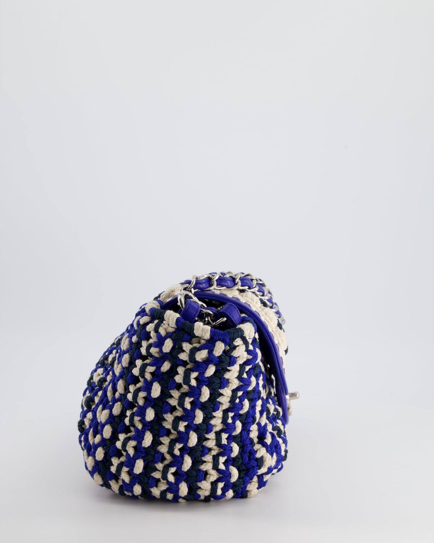 Chanel Navy, Blue and Cream Crochet Flap Bag with Silver Hardware