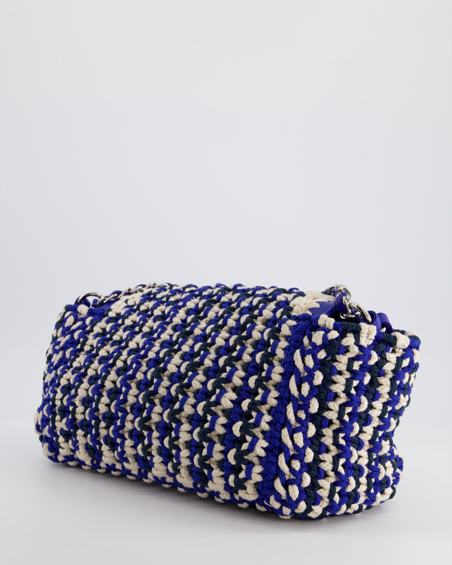 Chanel Navy, Blue and Cream Crochet Flap Bag with Silver Hardware
