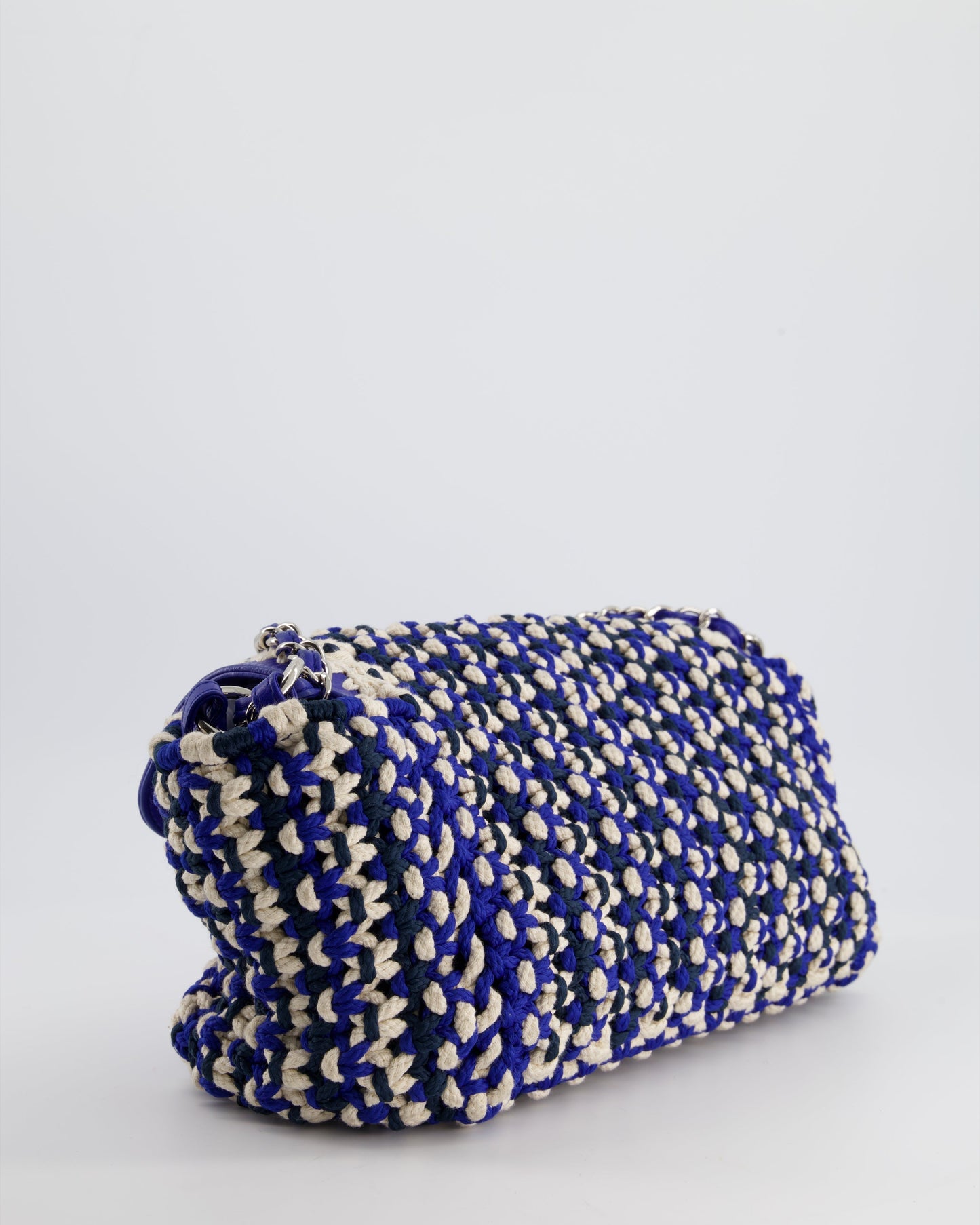 Chanel Navy, Blue and Cream Crochet Flap Bag with Silver Hardware