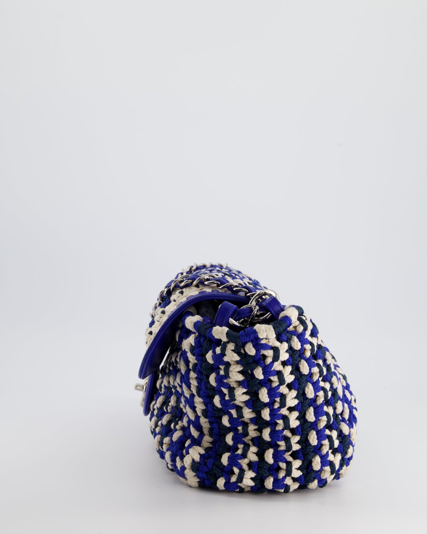 Chanel Navy, Blue and Cream Crochet Flap Bag with Silver Hardware