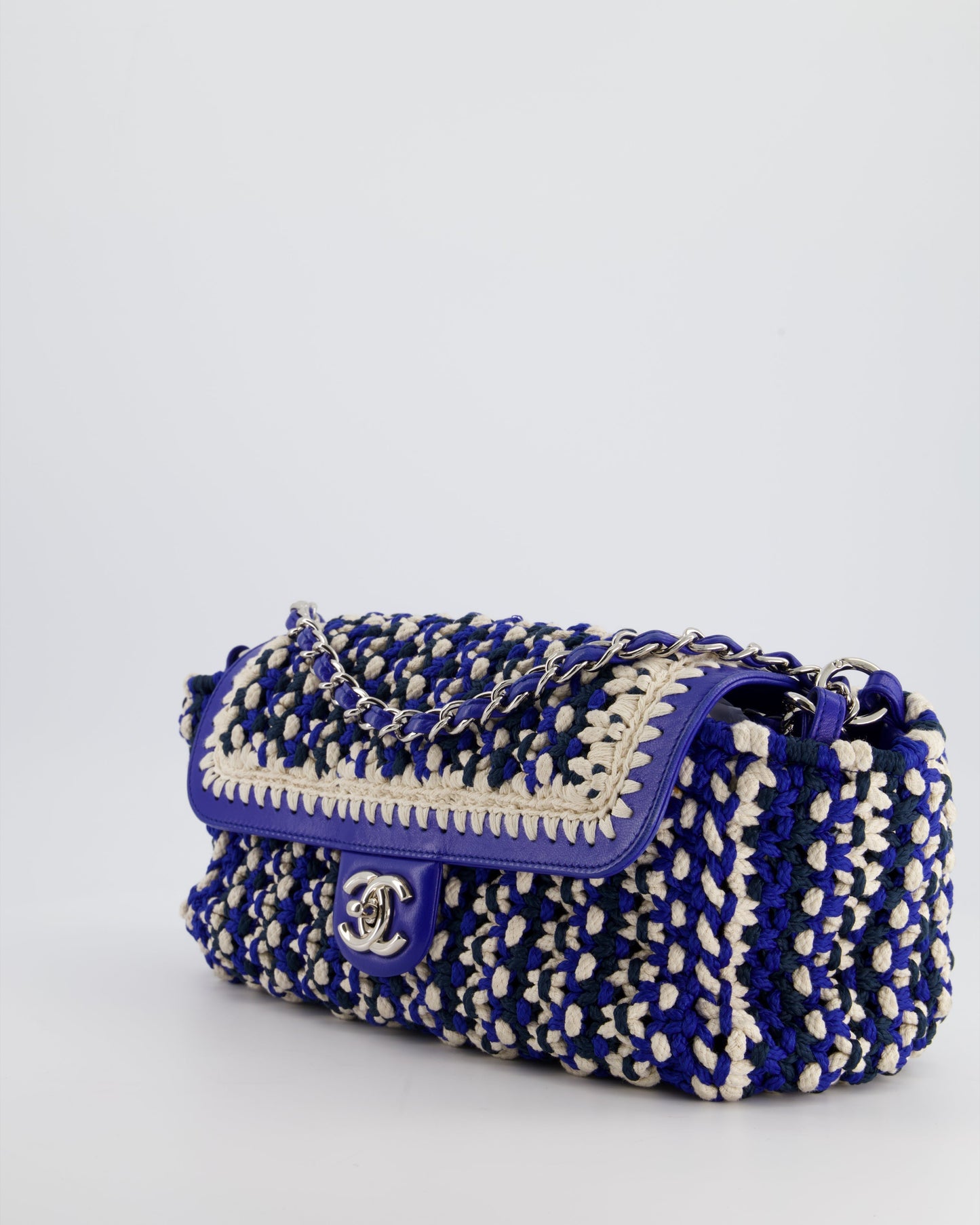 Chanel Navy, Blue and Cream Crochet Flap Bag with Silver Hardware
