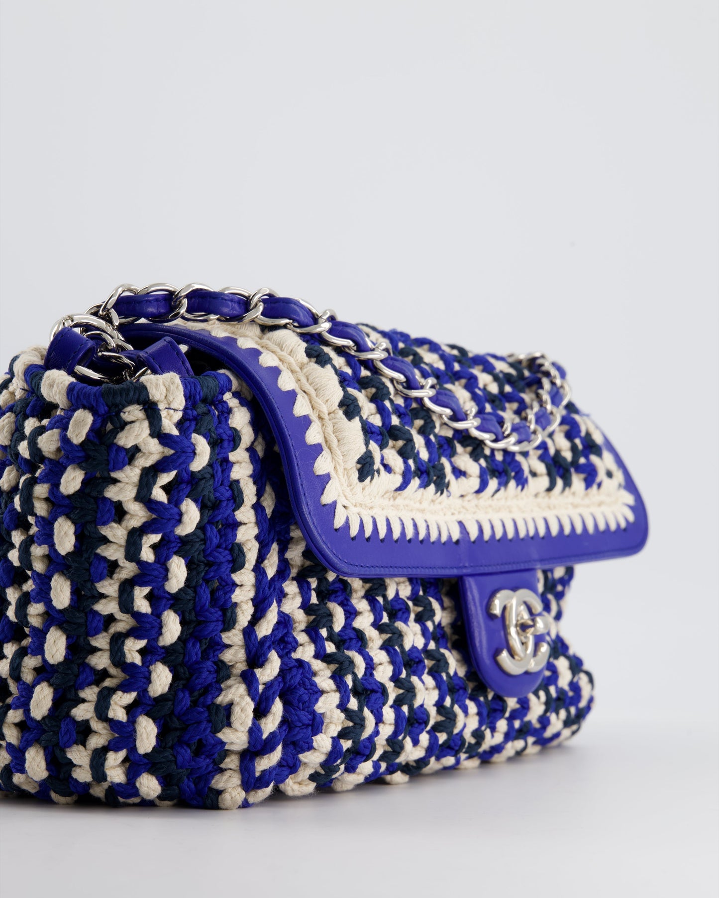 Chanel Navy, Blue and Cream Crochet Flap Bag with Silver Hardware