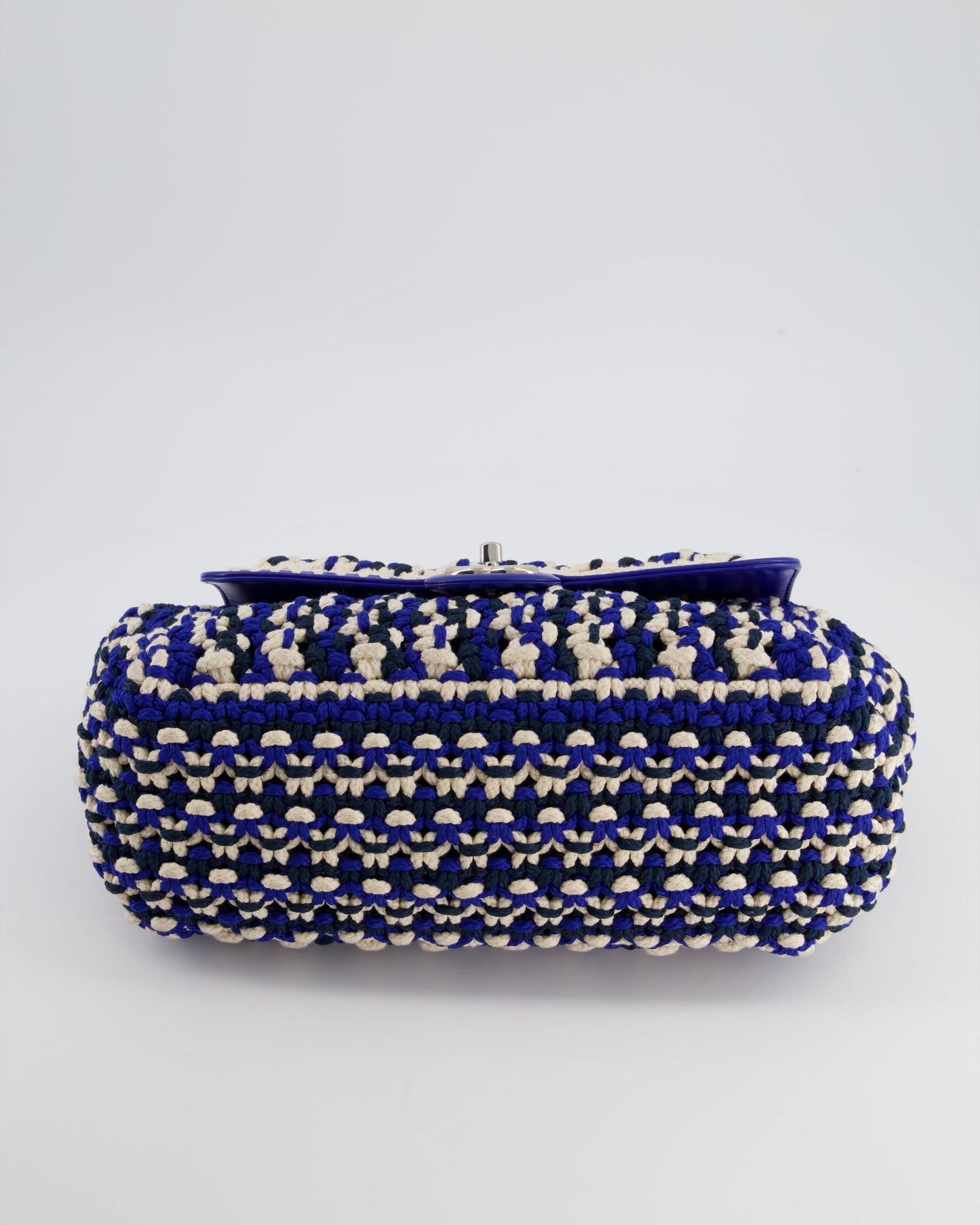 Chanel Navy, Blue and Cream Crochet Flap Bag with Silver Hardware