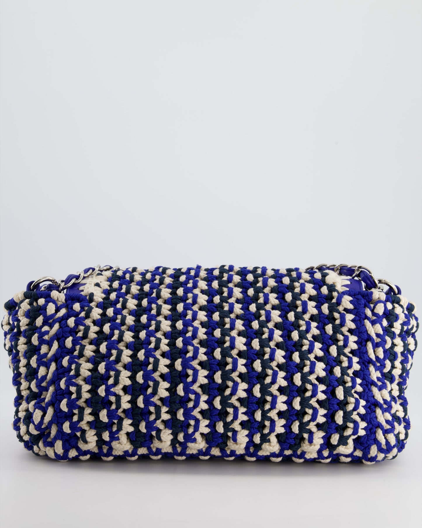 Chanel Navy, Blue and Cream Crochet Flap Bag with Silver Hardware