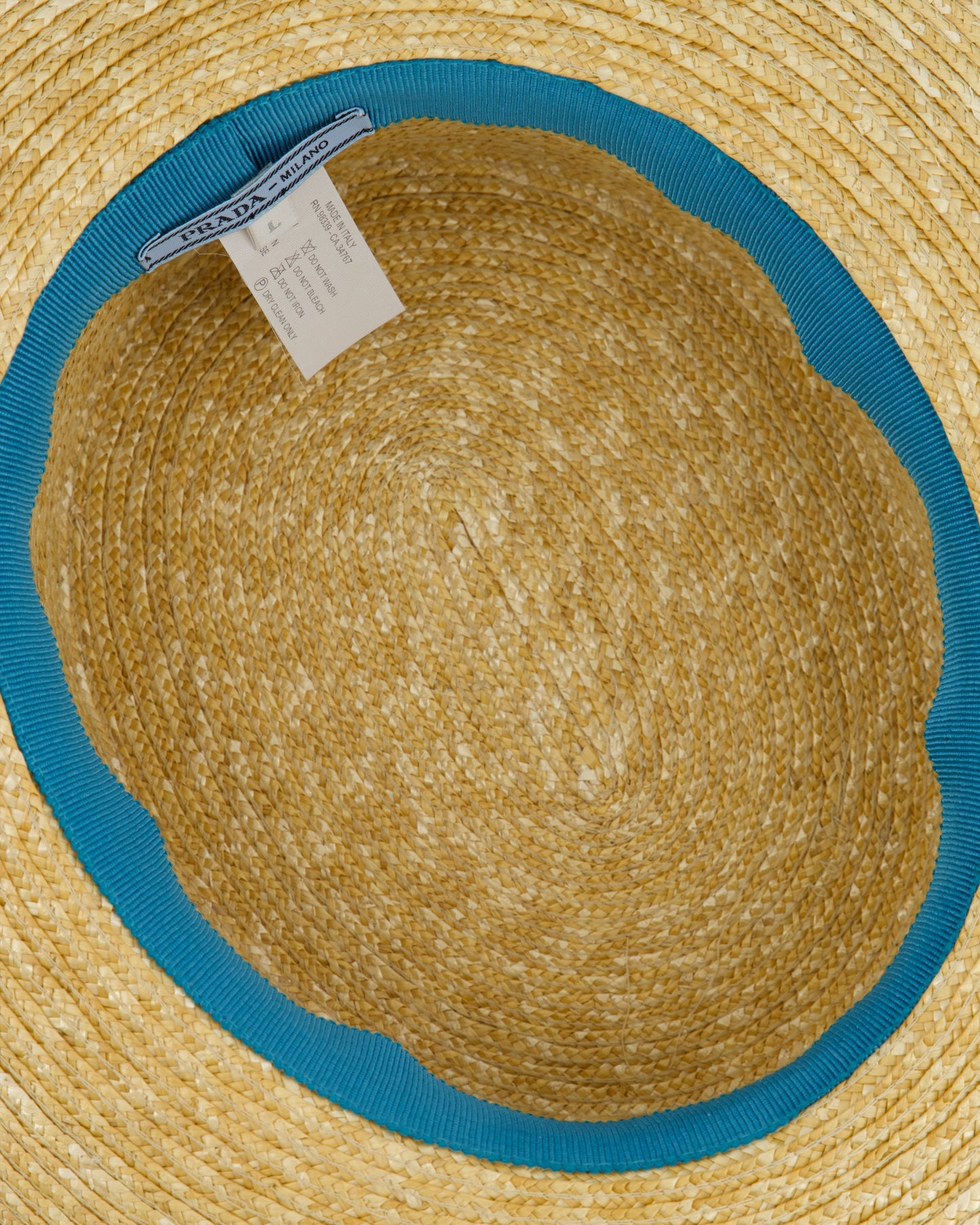 Prada Beige Raffia Woven Hat with Teal Ribbon Detail Size L