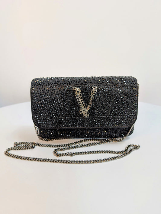 Versace Virtus Crystal-Embellished Wallet on Chain in Black