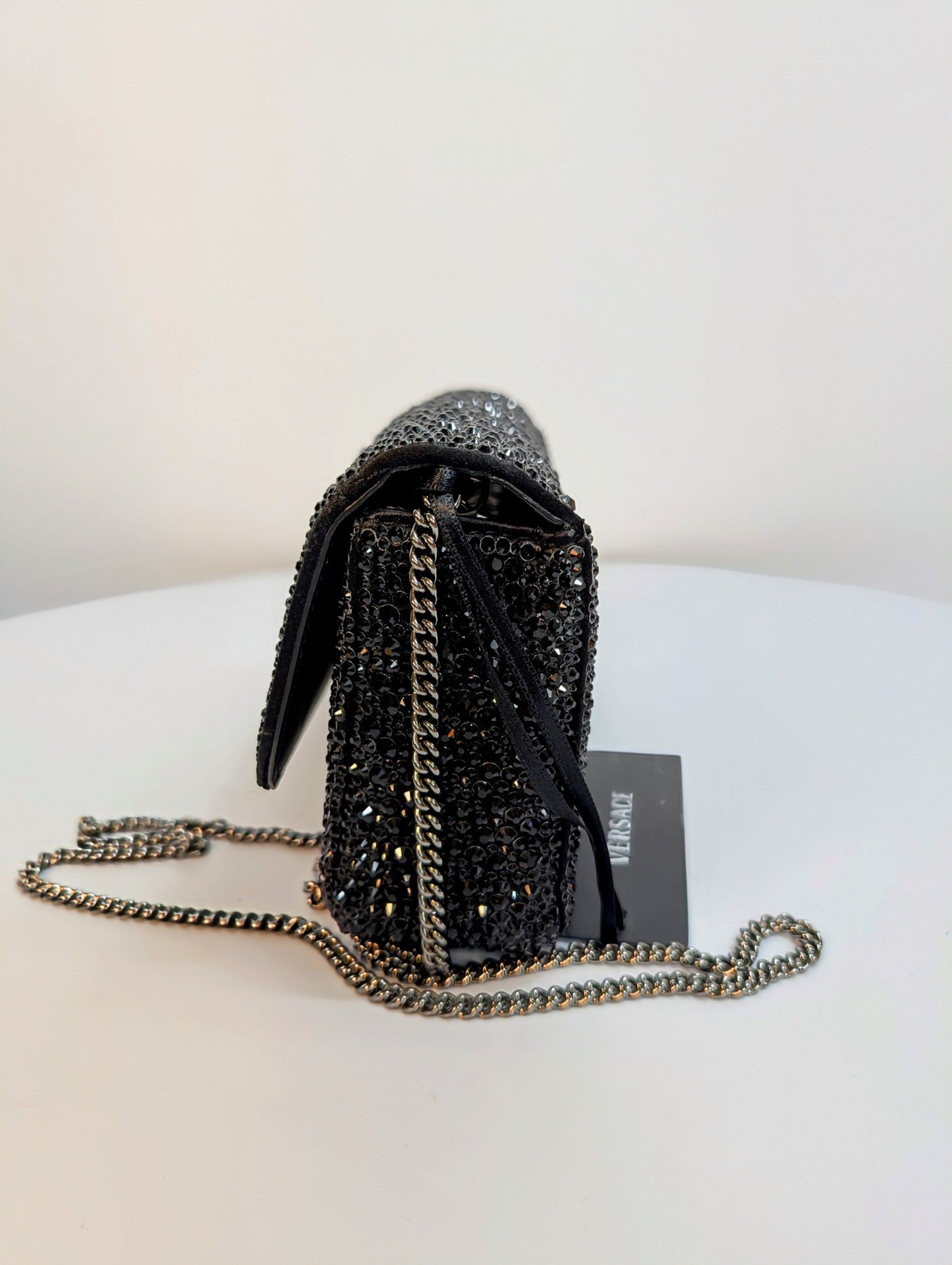 Versace Virtus Crystal-Embellished Wallet on Chain in Black