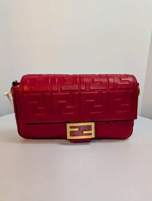 Fendi Red Embossed Baguette Bag with Embossed FF Monogram