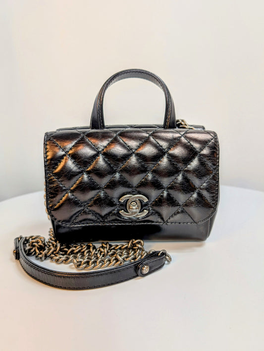 Chanel Black Mini Double-Sided Glazed Calfskin Flap Bag with Top Handle