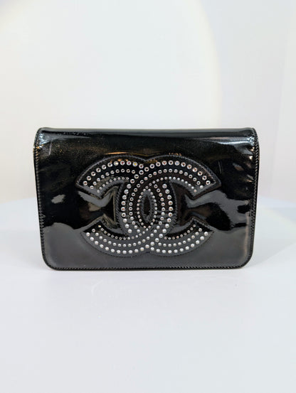 Chanel Black Studded Crystal Patent Leather Wallet on Chain (WOC)
