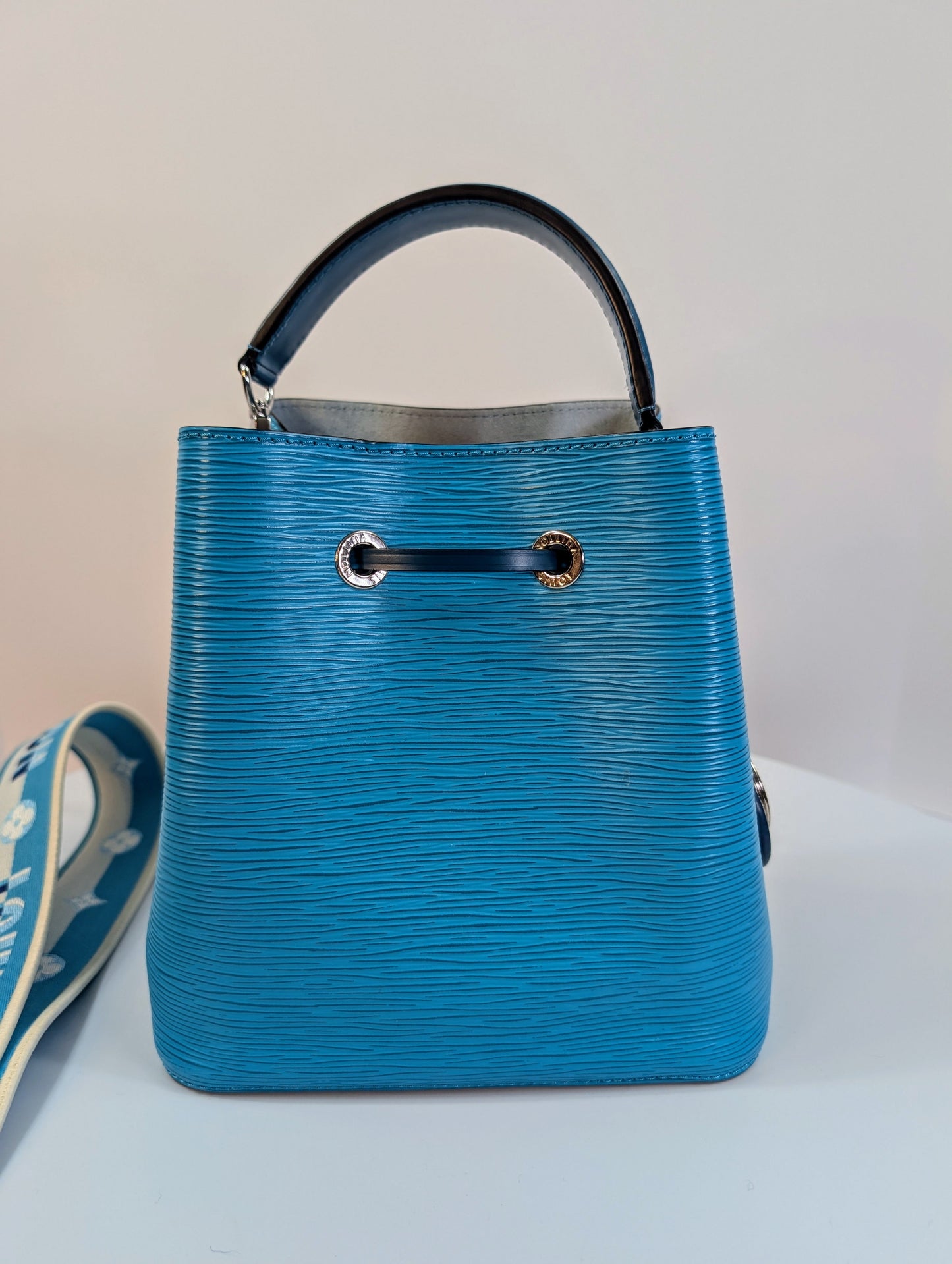 Louis Vuitton Noé BB Bag in Aqua Epi Leather with LV Strap and Charm