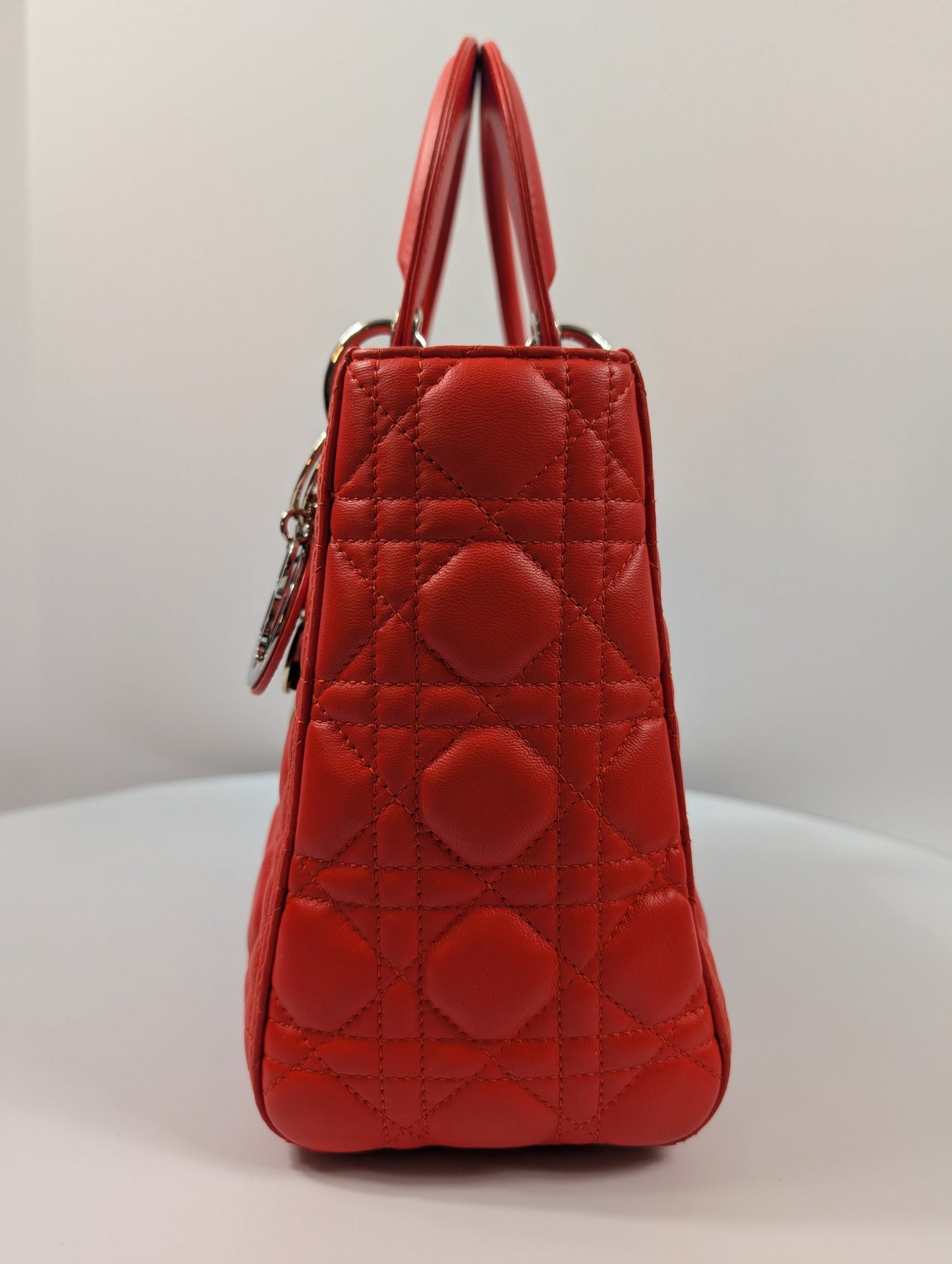 Dior Lady Dior Bright Red Orange Quilted Lambskin and Charm