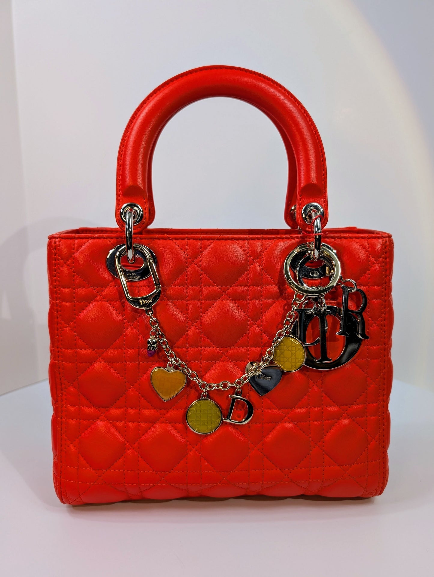 Dior Lady Dior Bright Red Orange Quilted Lambskin and Charm