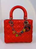 Dior Lady Dior Bright Red Orange Quilted Lambskin and Charm